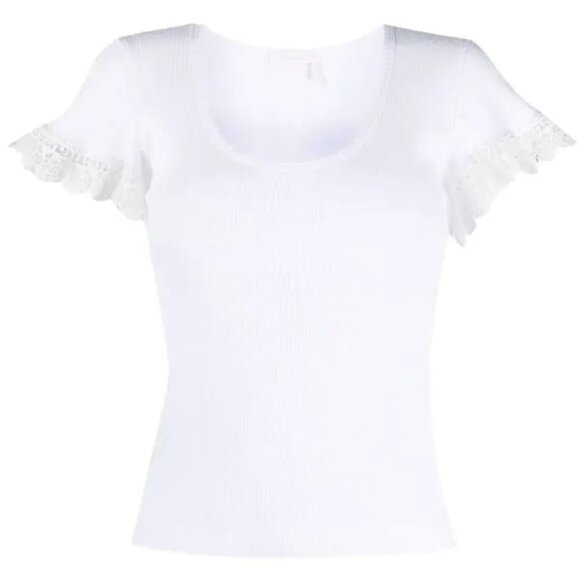See By Chloe White Scoop Neck Lace Trim Sleeve Ribbed Top Size Small - Picture 1 of 5
